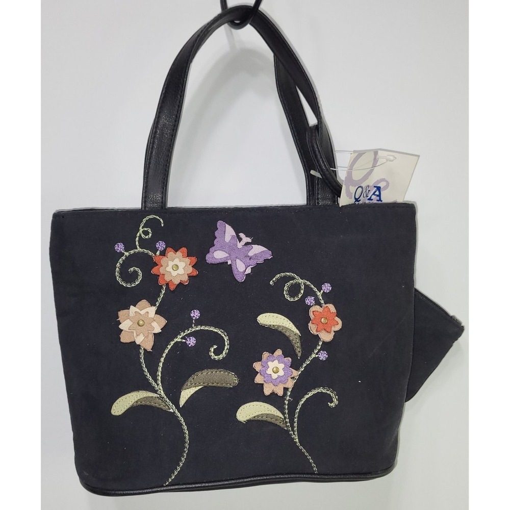 NWT Q&A Black Suede Handbag Floral Butterfly Applique Small‎ Tote & Coin Purse